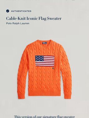 Polo Ralph Lauren Men' s Iconic Flag Sweater Sz L/G New With Tags Orange Cable